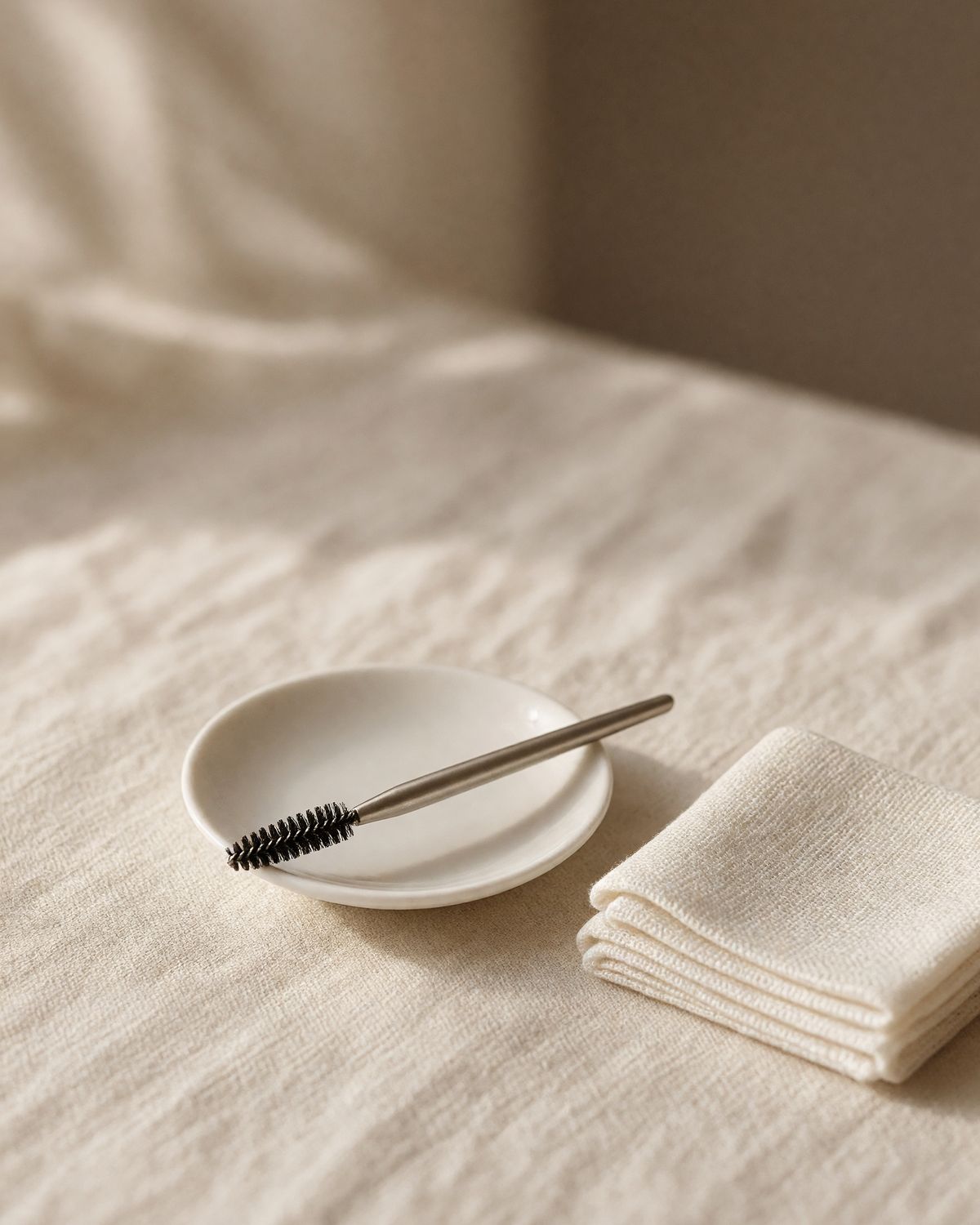 A spoolie brush resting on a porcelain dish